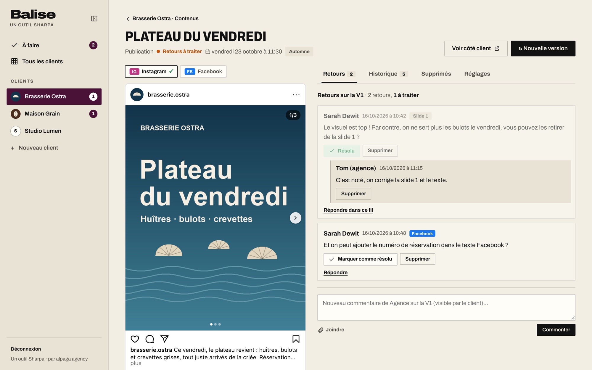 Côté agence : la fiche d’une publication, avec son visuel, ses validations par réseau et le fil des retours du client